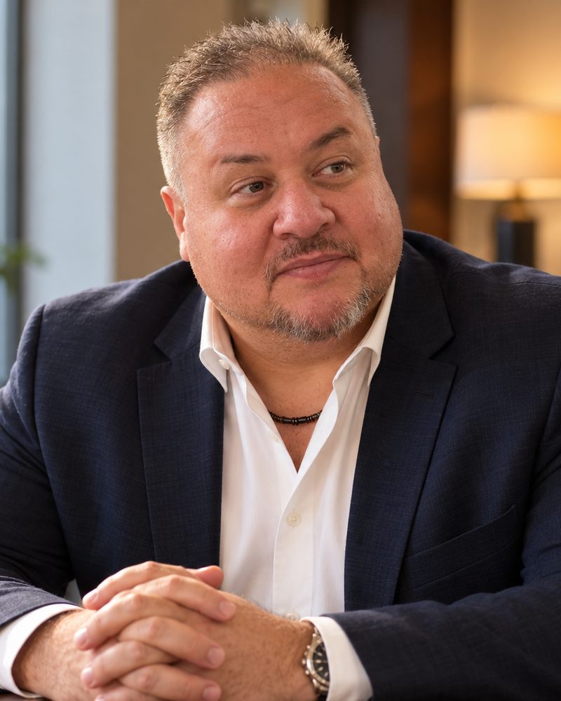 Brian Cardinal seated at a table in a navy blazer, hands clasped, listening