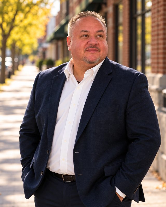 Brian Cardinal standing on a downtown sidewalk in a navy suit, hands in pockets